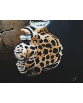 détail d'une peinture acrylique léopard réaliste – Le repos du guerrier – Cindy Muraille