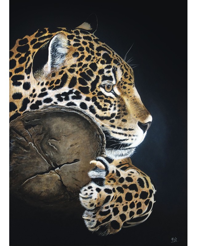 peinture acrylique léopard réaliste – Le repos du guerrier – Cindy Muraille