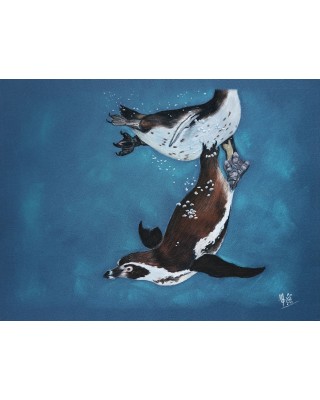 Pastel de deux manchots nageant sous l’eau – Le bal aquatique – Cindy Muraille