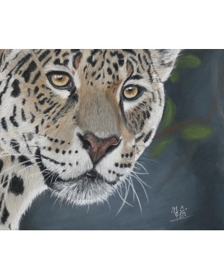 détail d'un portrait léopard réaliste pastel – Sur ses gardes – Cindy Muraille