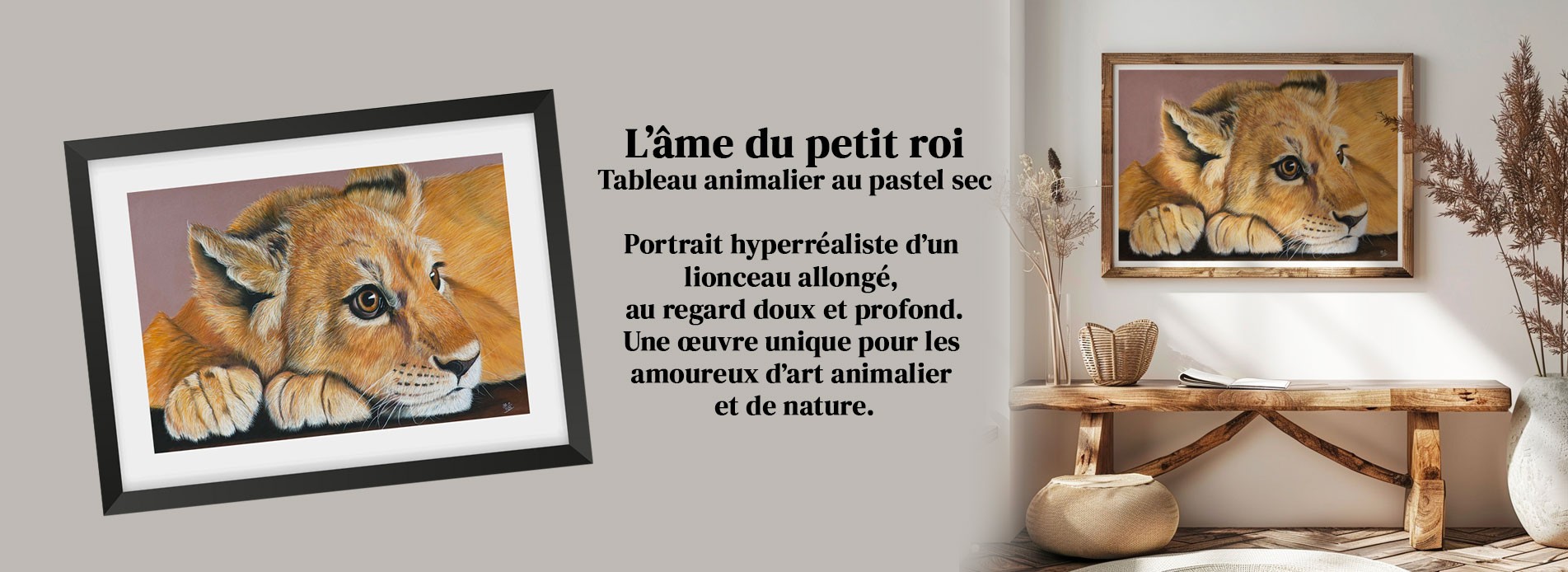 L’âme du petit roi — Tableau animalier au pastel sec   Portrait hyperréaliste d’un lionceau allongé, au regard doux et profond. Une œuvre unique pour les amoureux d’art animalier et de nature.